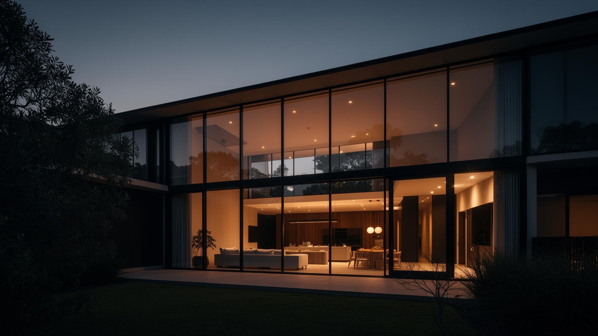 Modern Melbourne home with floor-to-ceiling black aluminium window frames at dusk